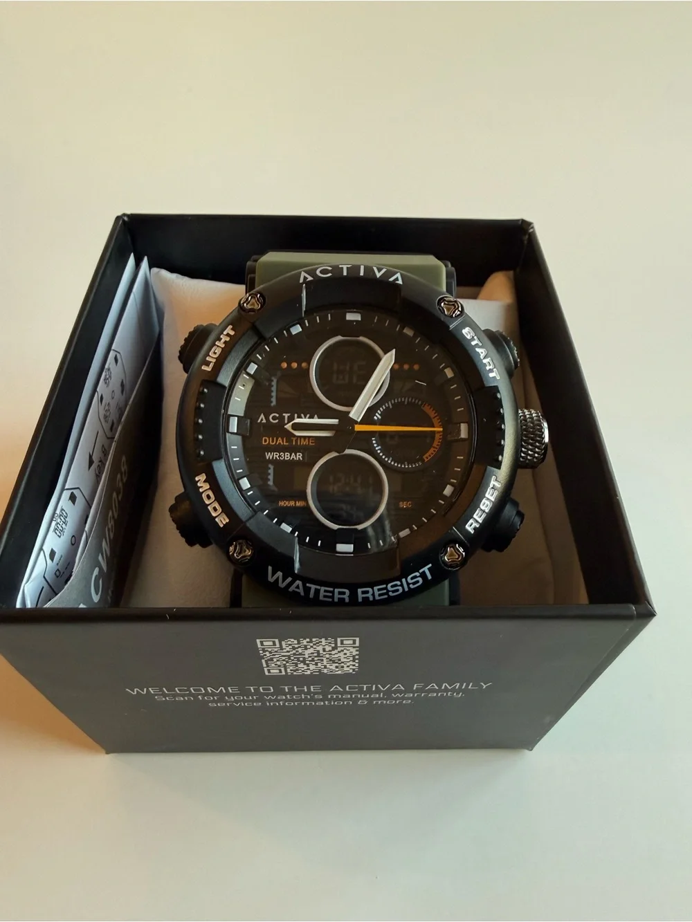 NWT Activa Men’s Dual Time Sport Watch Olive Green Black Analog Digital